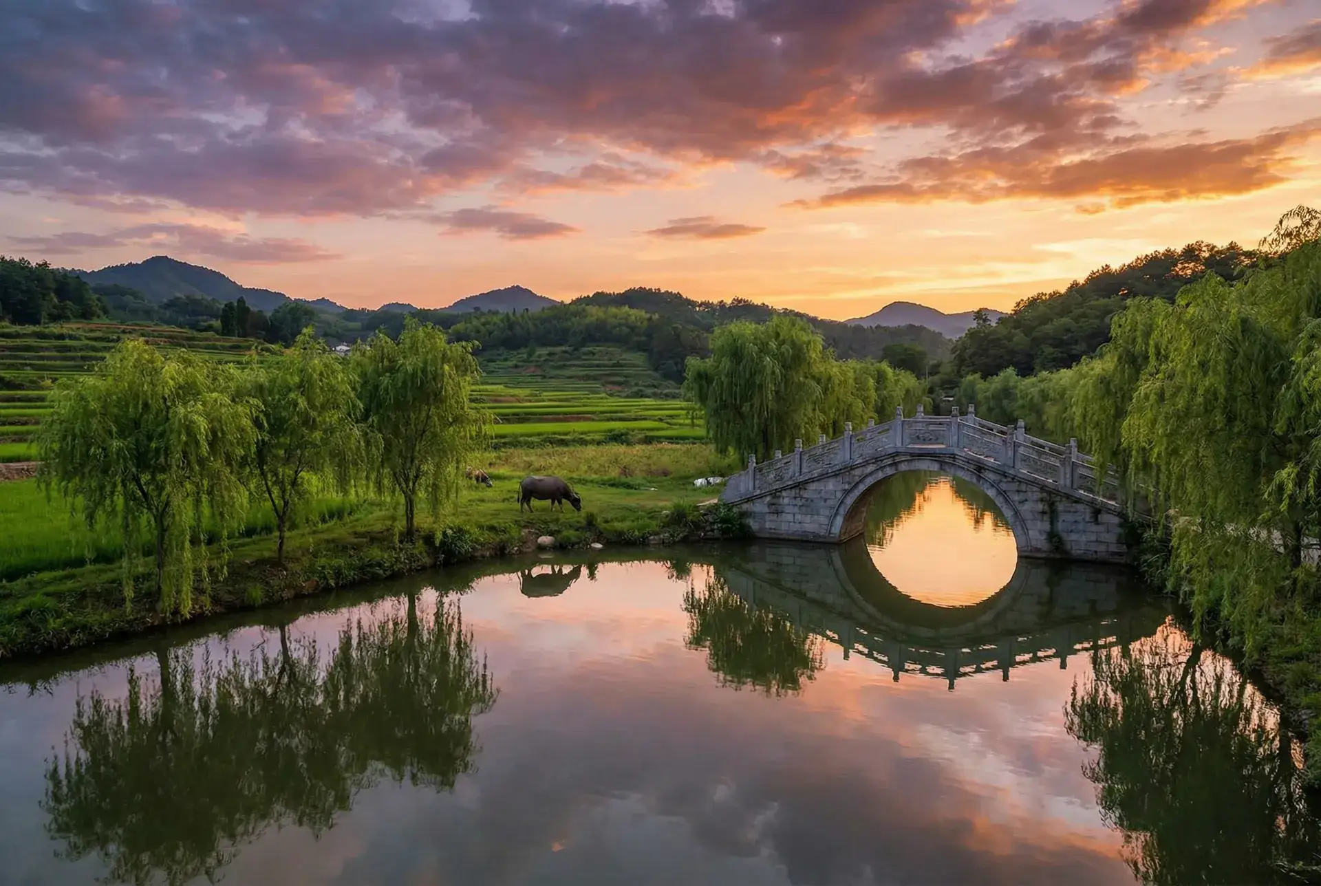 夕阳下的石拱桥与垂柳，水牛在河边吃草 - PAGGOVE真实PRENATALDHA孕妇 乡村美景